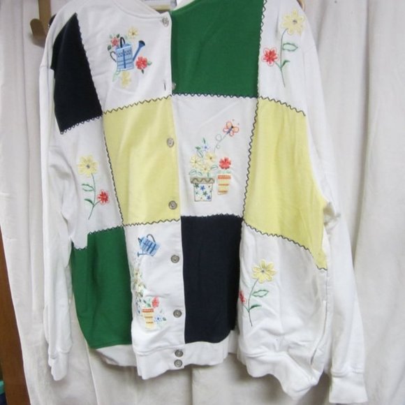 VTG ALFRED DUNNER SWEATSHIRT MATERIAL JACKET W/GARDENING THEME & BLOCKS, 3X - Picture 2 of 9